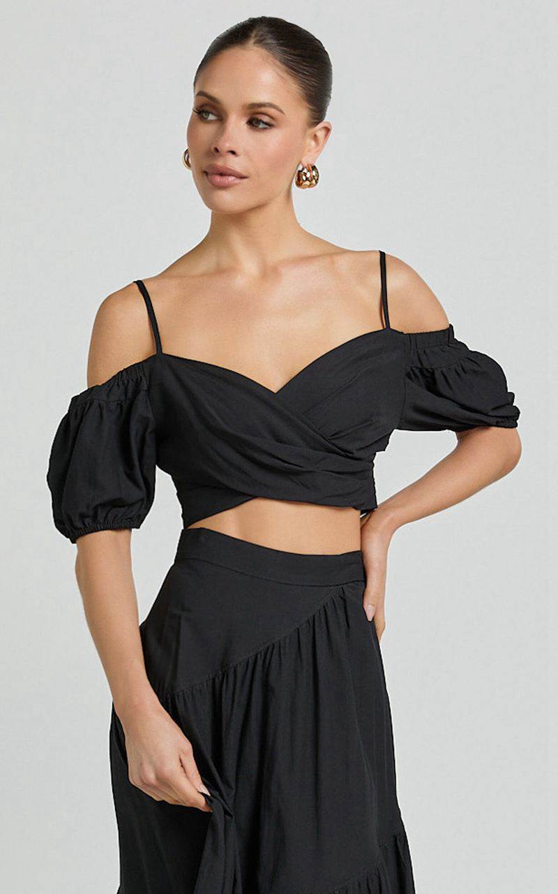 Showpo Bella Top - Off Shoulder Cross Over Puff Sleeve Crop Top Black | AQXLGV574