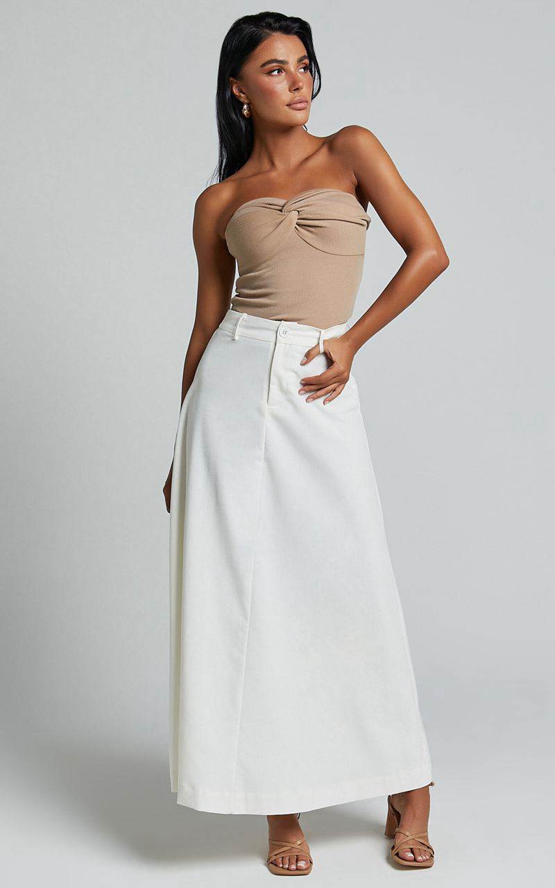 Showpo Benjie Maxi Skirt - Tailored Linen Look High Waisted A Line White | OBZEFD942