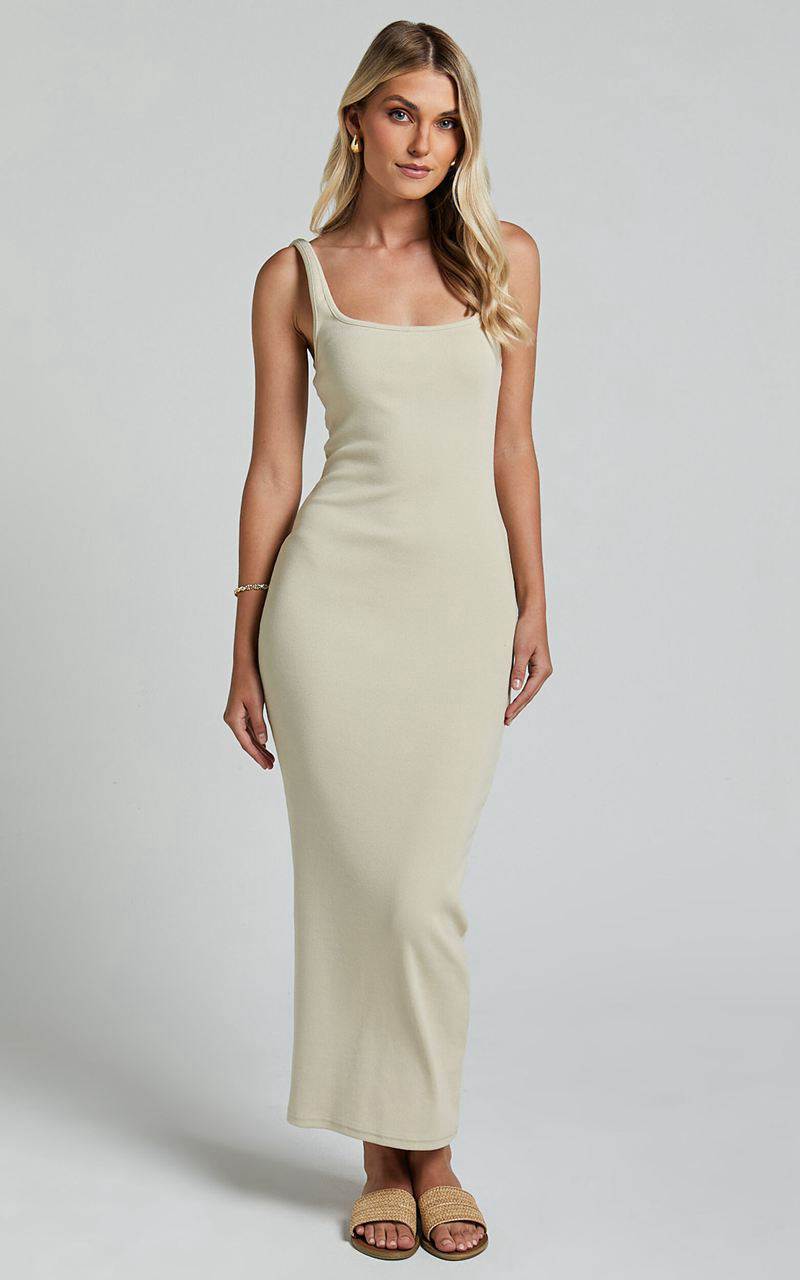 Showpo Bernadelle Midi Dress - Square Neckline Bodycon Dress Beige | LFIPYZ625