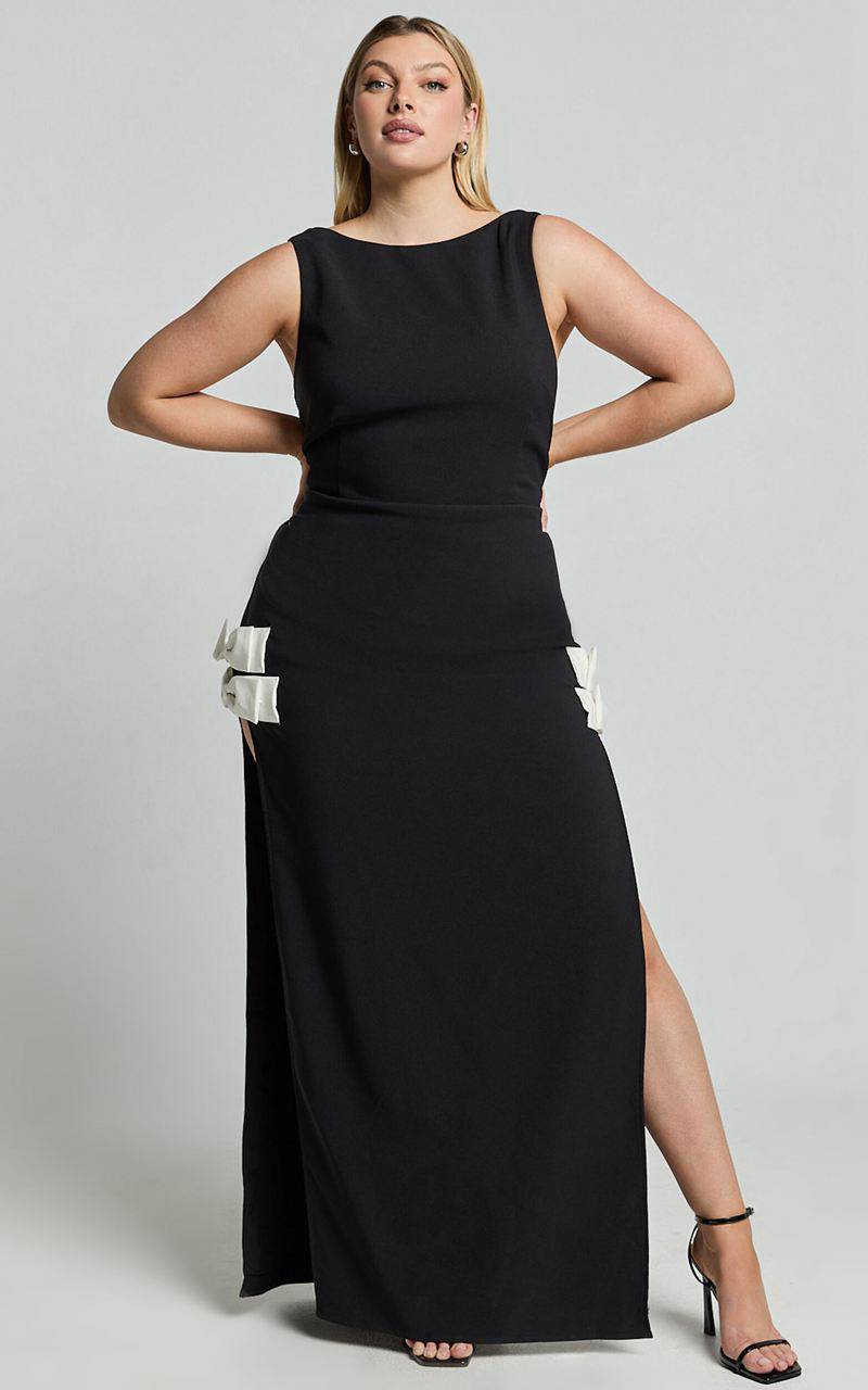 Showpo Bernice Maxi Dress - Low Back Side Split Bow Detail Dress Black | YZMLEX968