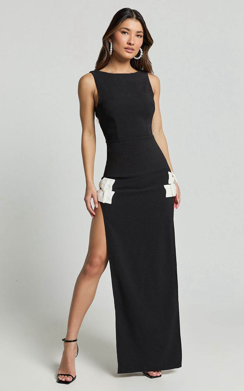 Showpo Bernice Maxi Dress - Low Back Side Split Bow Detail Dress Black | YZMLEX968