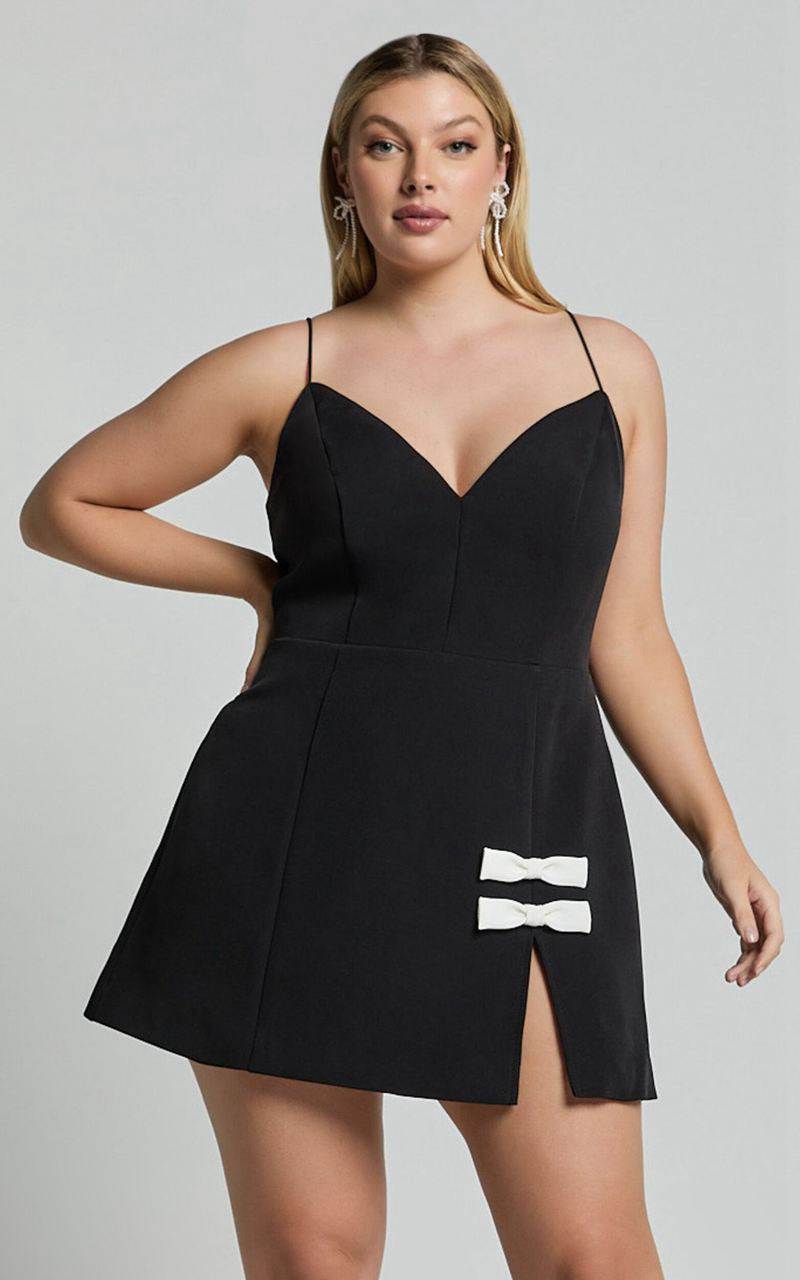 Showpo Bernice Mini Dress - Plunge Neck Bow Split Dress Black | ISCOPN174