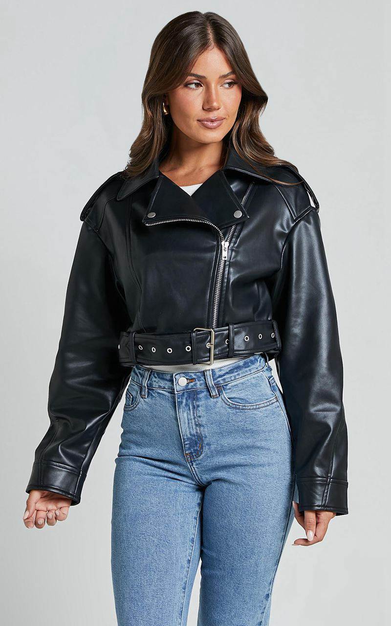 Showpo Bertha Jacket - Faux Leather Biker Jacket Black | ELVOBQ350