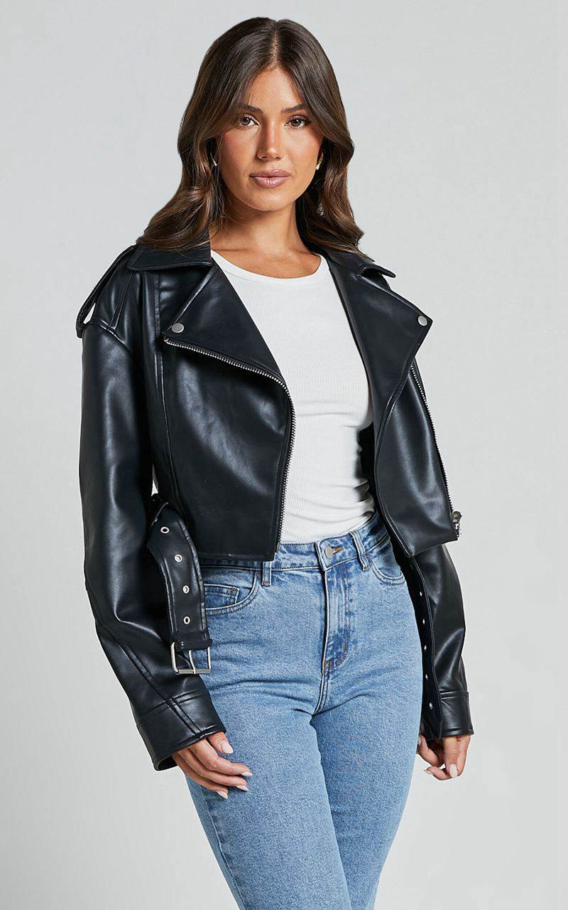 Showpo Bertha Jacket - Faux Leather Biker Jacket Black | ELVOBQ350