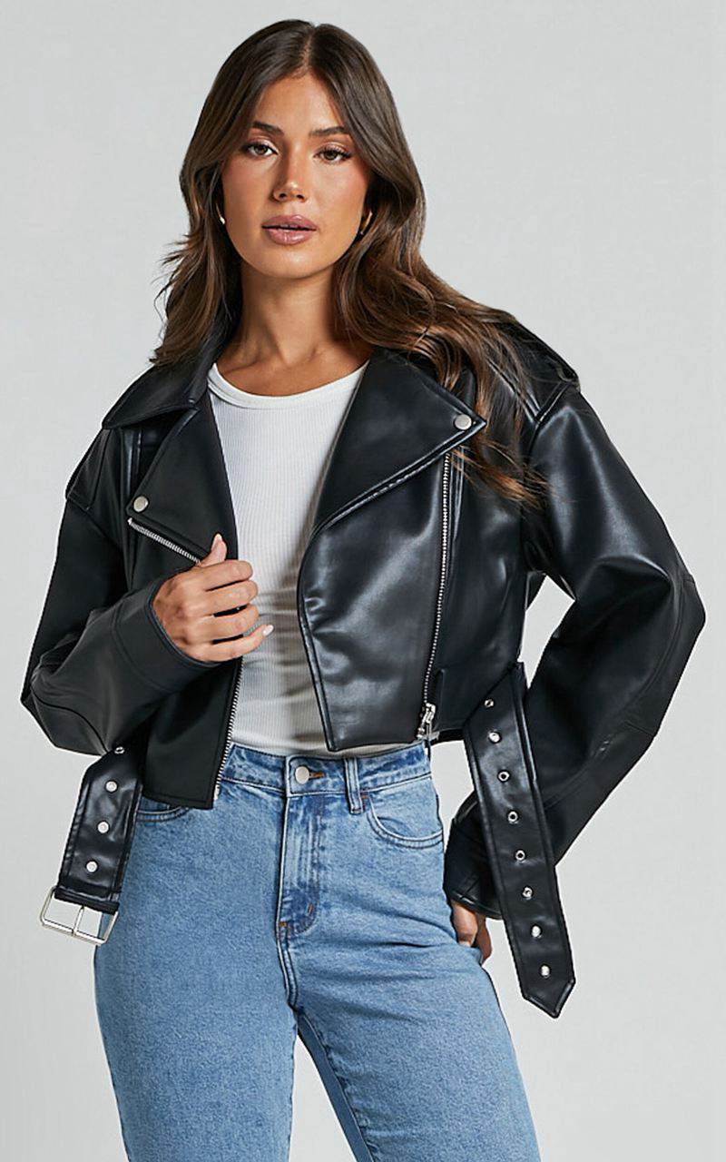 Showpo Bertha Jacket - Faux Leather Biker Jacket Black | ELVOBQ350