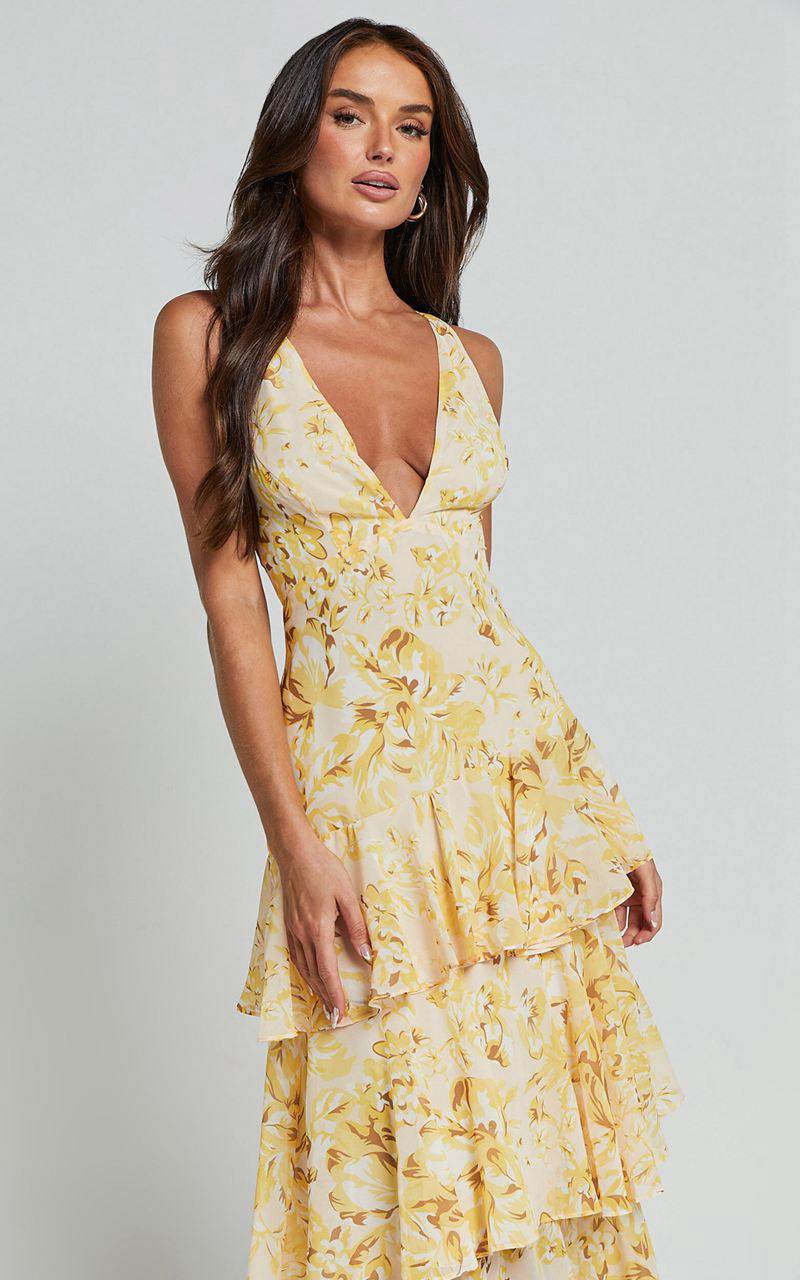 Showpo Beryl Midi Dress - Deep V Neck Sleeveless Layered Dress Yellow Floral | AUICTF043