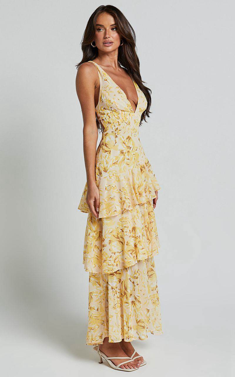 Showpo Beryl Midi Dress - Deep V Neck Sleeveless Layered Dress Yellow Floral | AUICTF043