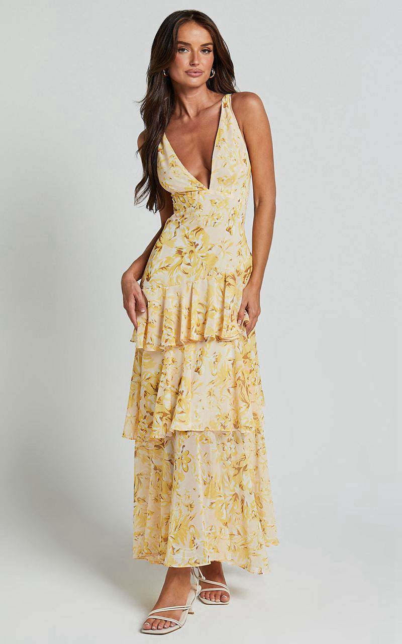 Showpo Beryl Midi Dress - Deep V Neck Sleeveless Layered Dress Yellow Floral | AUICTF043