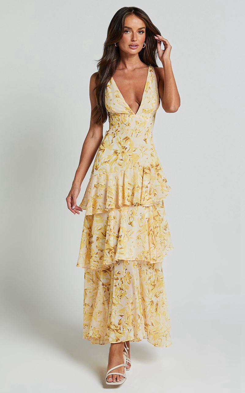 Showpo Beryl Midi Dress - Deep V Neck Sleeveless Layered Dress Yellow Floral | AUICTF043