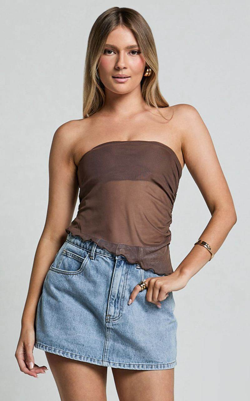 Showpo Bessie Top - Asymmetric Strapless Sheer Top Chocolate | DRLQIH837