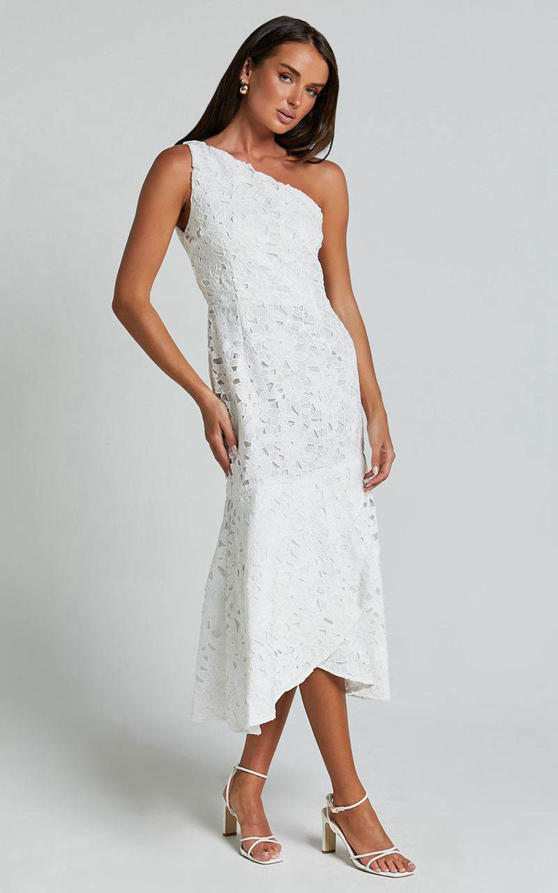 Showpo Beth Midi Dress - One Shoulder Ruffle Hem Lace Dress White | IWHUAS019