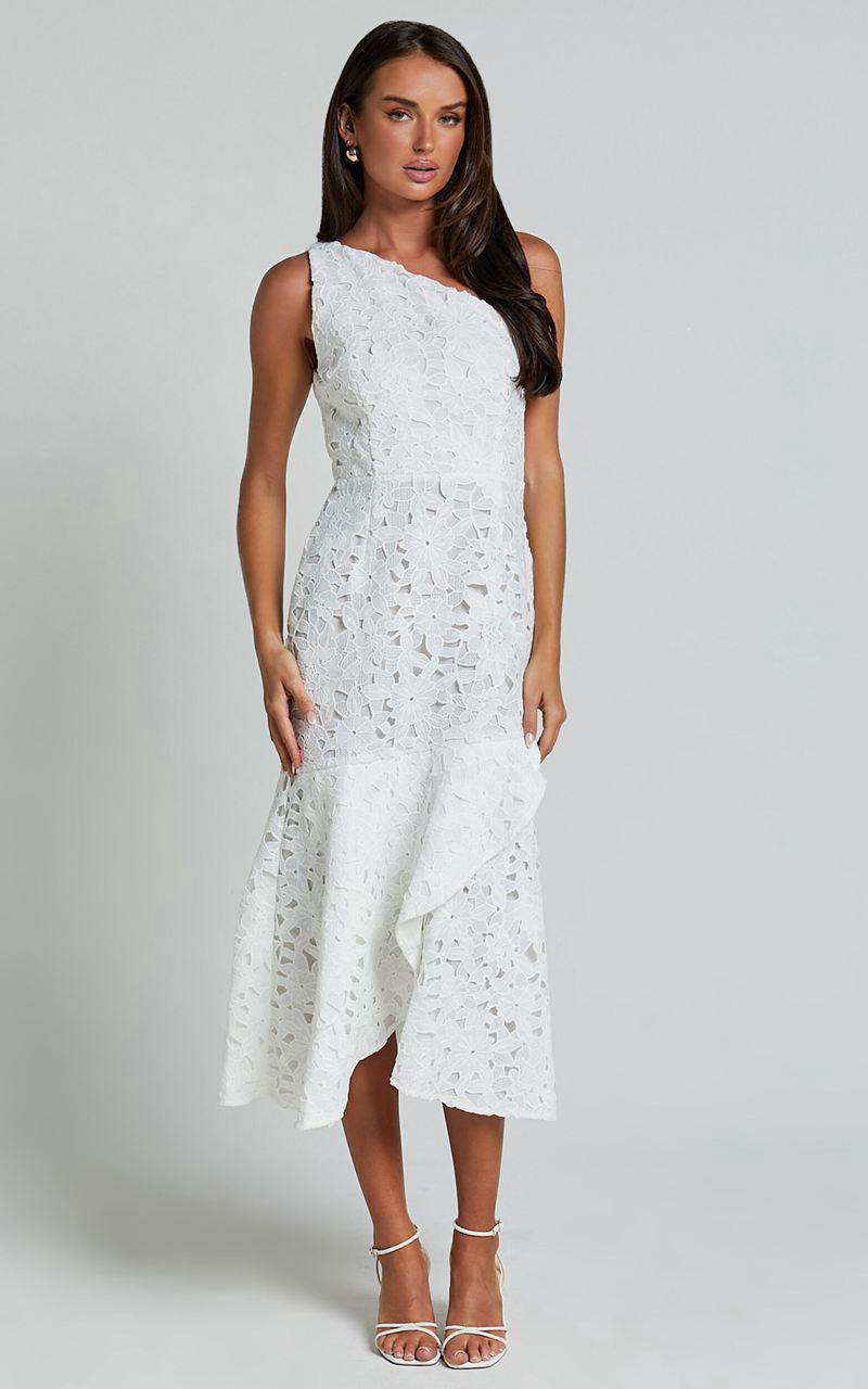 Showpo Beth Midi Dress - One Shoulder Ruffle Hem Lace Dress White | IWHUAS019