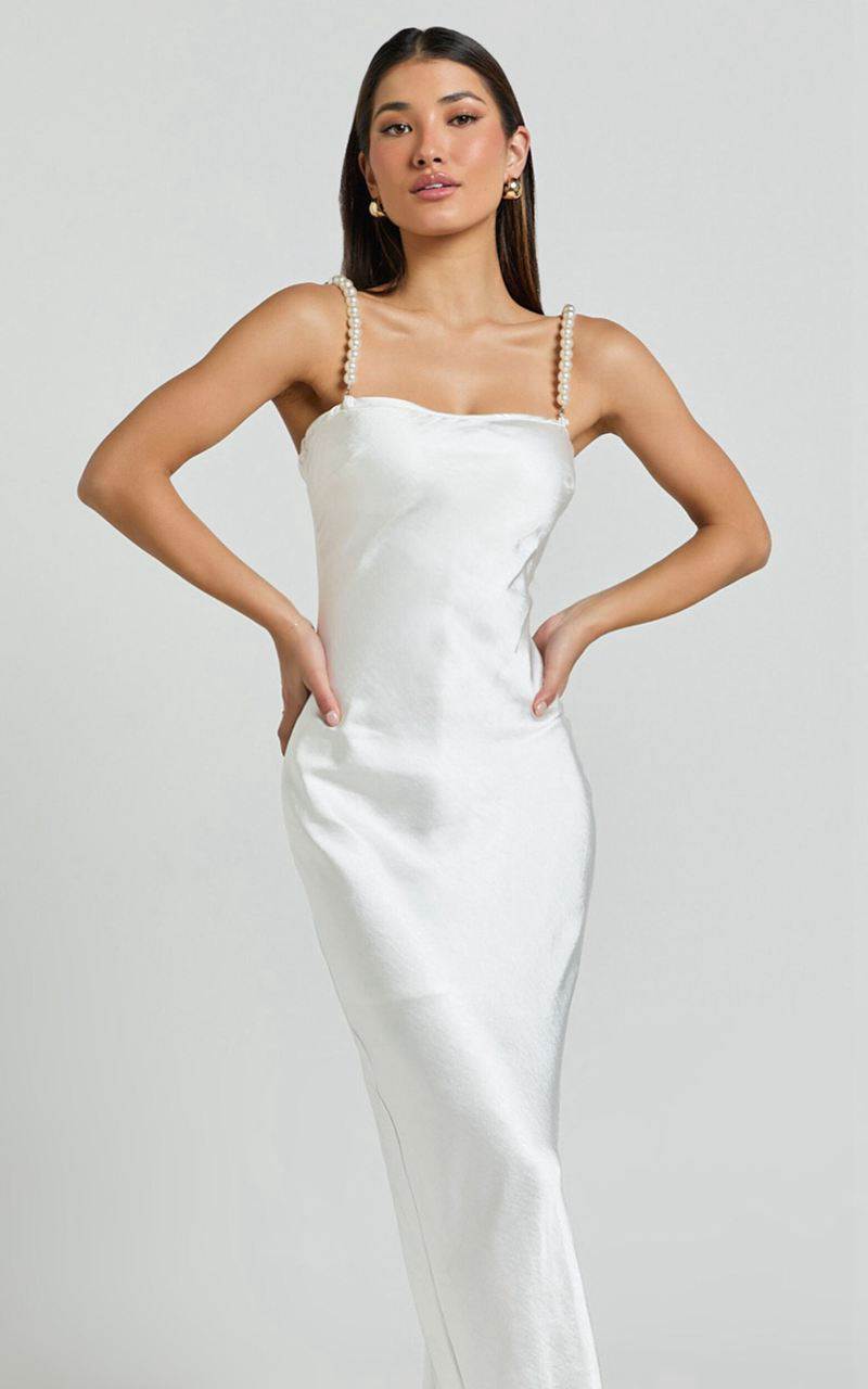 Showpo Beth Midi Dress - Pearl Detail Strap Straight Neck Slip Dress White | FPRDBI608