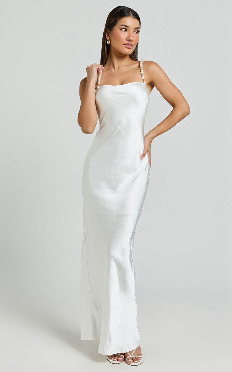 Showpo Beth Midi Dress - Pearl Detail Strap Straight Neck Slip Dress White | FPRDBI608