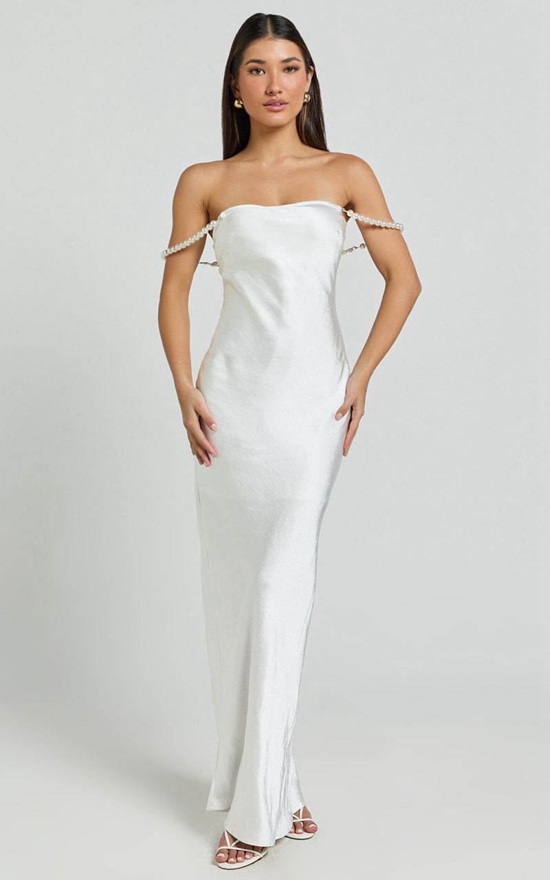 Showpo Beth Midi Dress - Pearl Detail Strap Straight Neck Slip Dress White | FPRDBI608