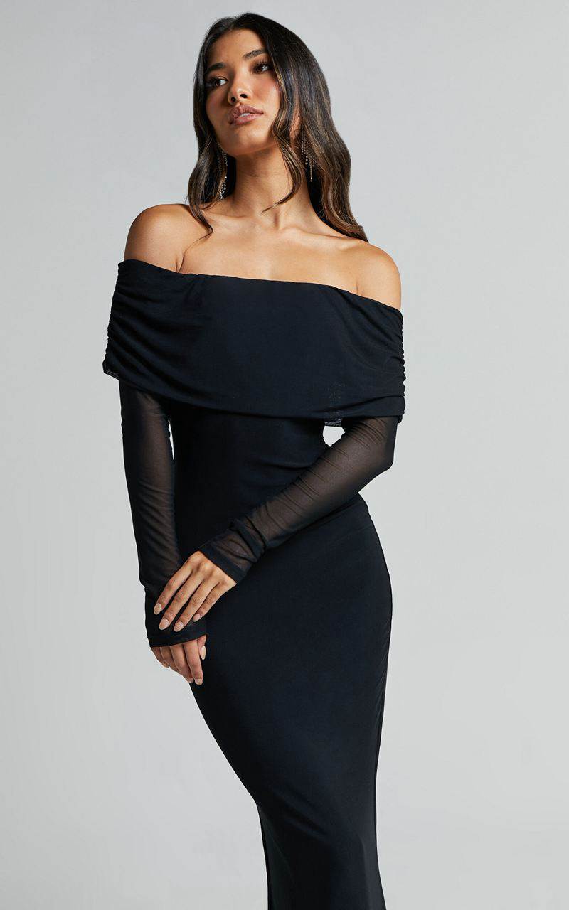 Showpo Bethanie Maxi Dress - Off The Shoulder Mesh Dress Black | YLKQHJ158