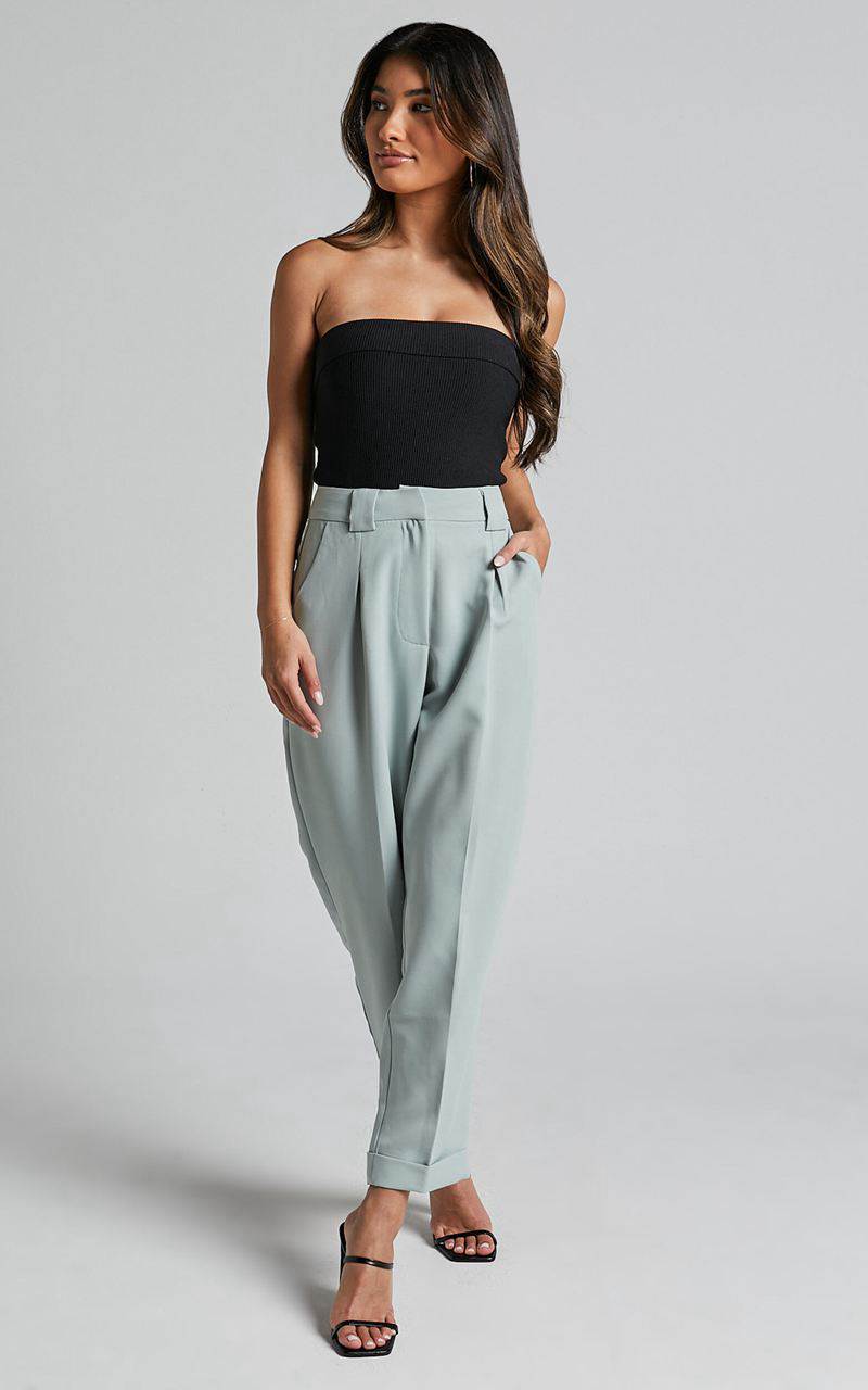 Showpo Bethanie Pants - Mid Rise Tailored Cuffed Relaxed Pants Sage | VXJIQR761