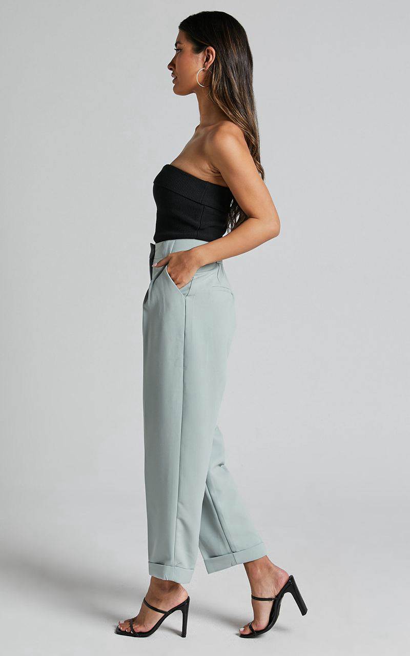 Showpo Bethanie Pants - Mid Rise Tailored Cuffed Relaxed Pants Sage | VXJIQR761