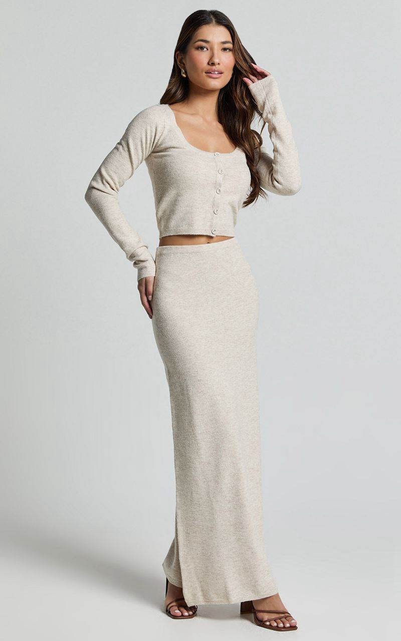 Showpo Beverly Two Piece Set - Recycled Knitted Scoop Neck Cardigan Top And Column Maxi Skirt Set Oat Marle | UYSTMW408