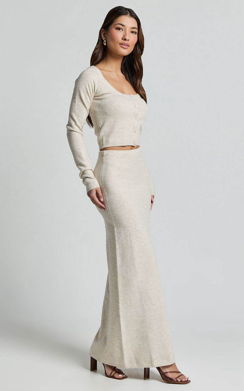 Showpo Beverly Two Piece Set - Recycled Knitted Scoop Neck Cardigan Top And Column Maxi Skirt Set Oat Marle | UYSTMW408