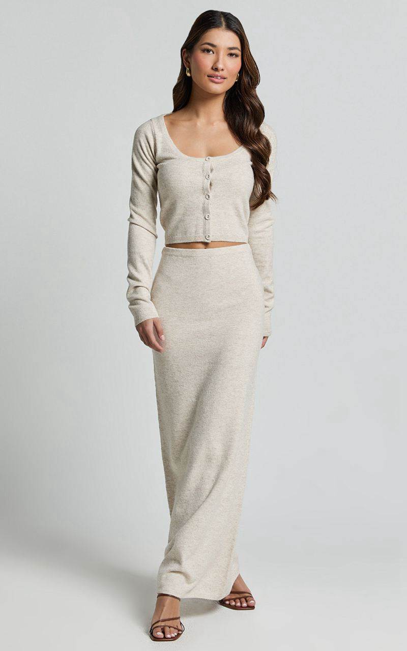 Showpo Beverly Two Piece Set - Recycled Knitted Scoop Neck Cardigan Top And Column Maxi Skirt Set Oat Marle | UYSTMW408