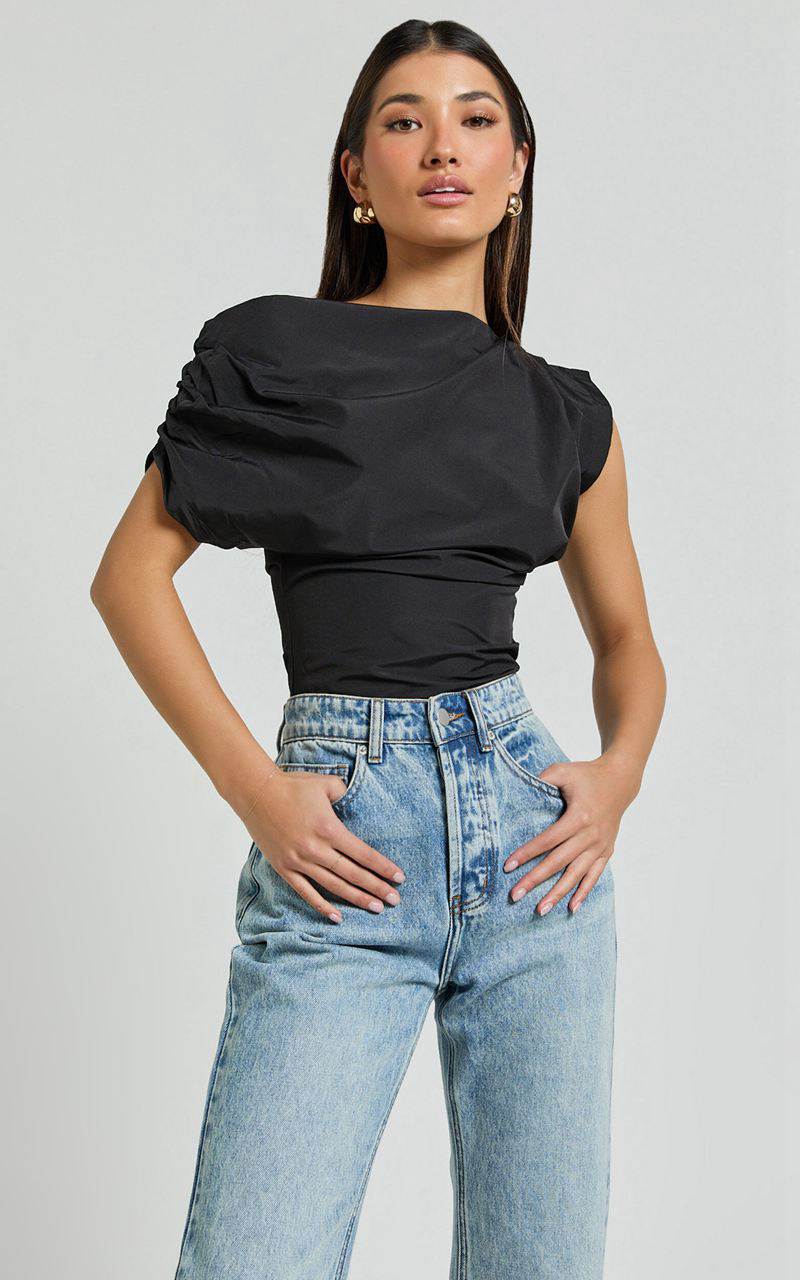 Showpo Bianca Top - Off Shoulder Draped Top Black | MILPWK684