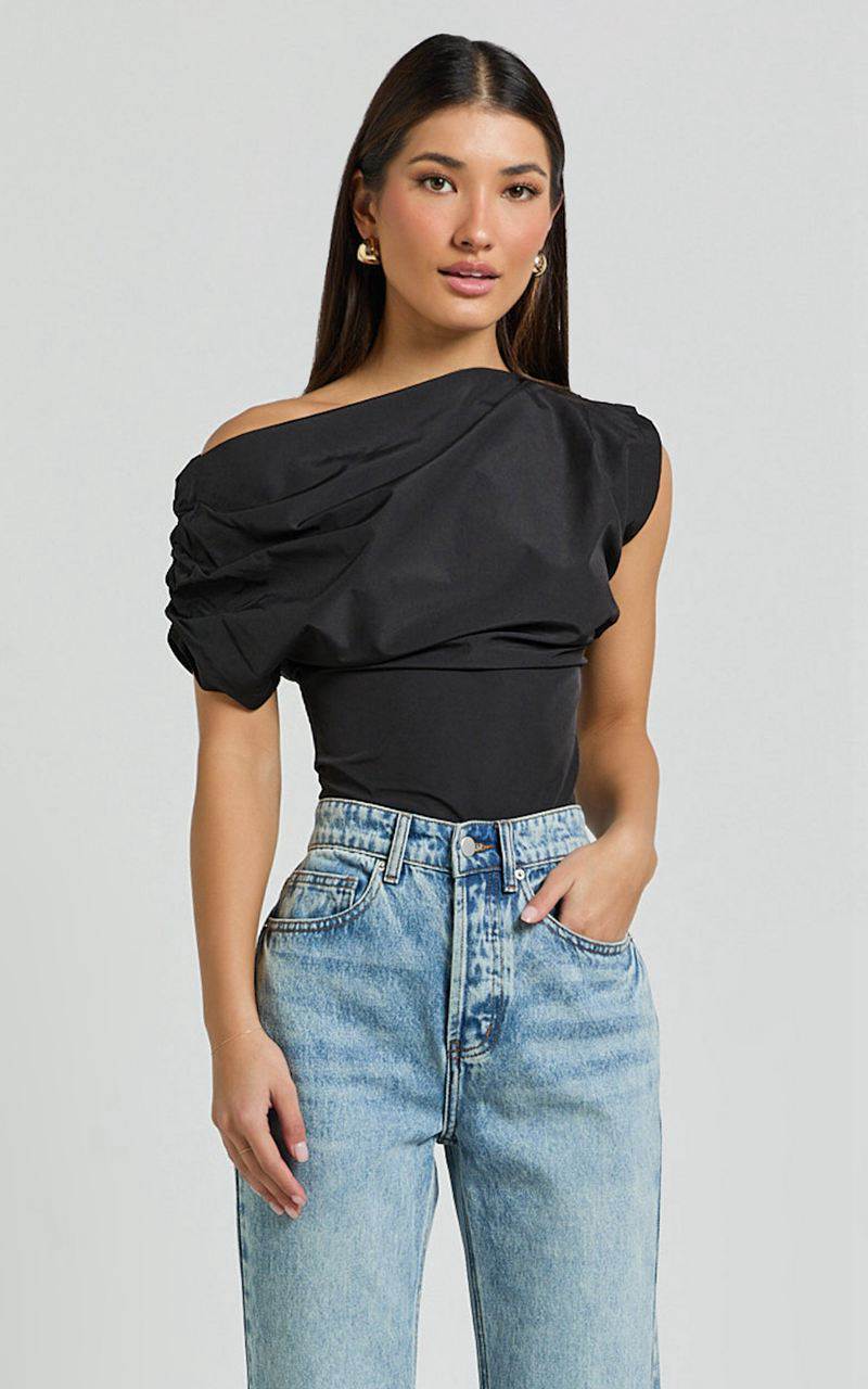 Showpo Bianca Top - Off Shoulder Draped Top Black | MILPWK684