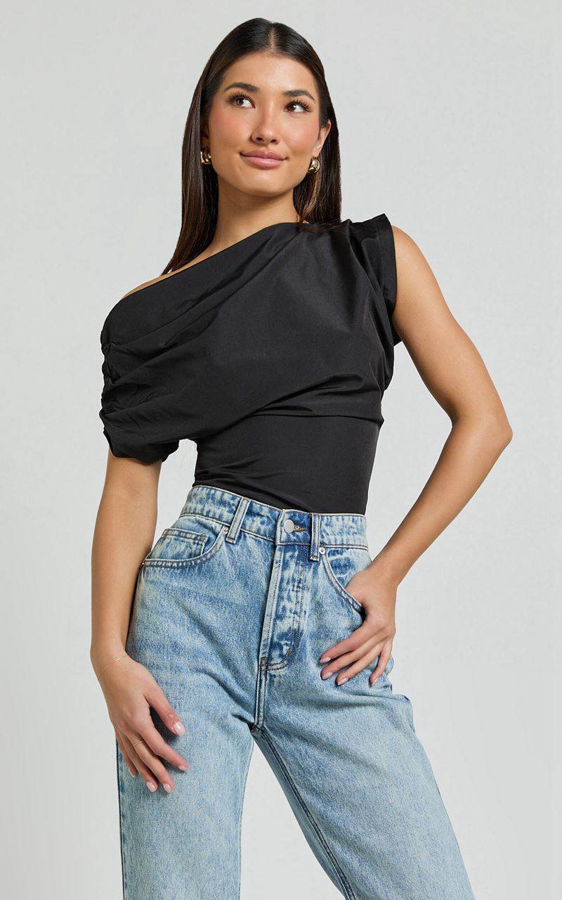 Showpo Bianca Top - Off Shoulder Draped Top Black | MILPWK684