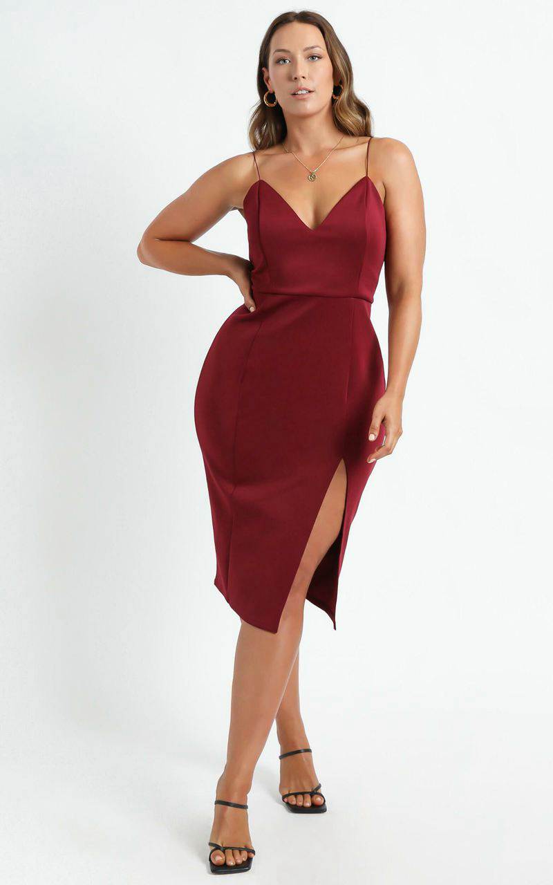 Showpo Big Ideas Midi Dress - V Neck Thigh Split Dress Wine | RSGDPU948