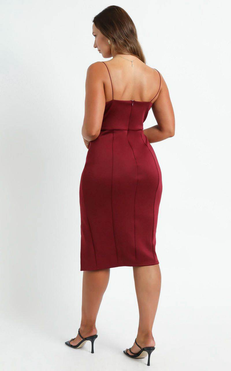 Showpo Big Ideas Midi Dress - V Neck Thigh Split Dress Wine | RSGDPU948