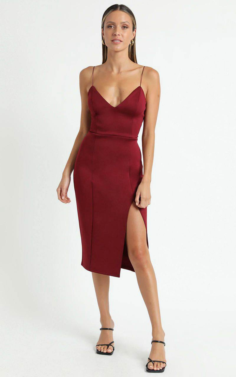 Showpo Big Ideas Midi Dress - V Neck Thigh Split Dress Wine | RSGDPU948