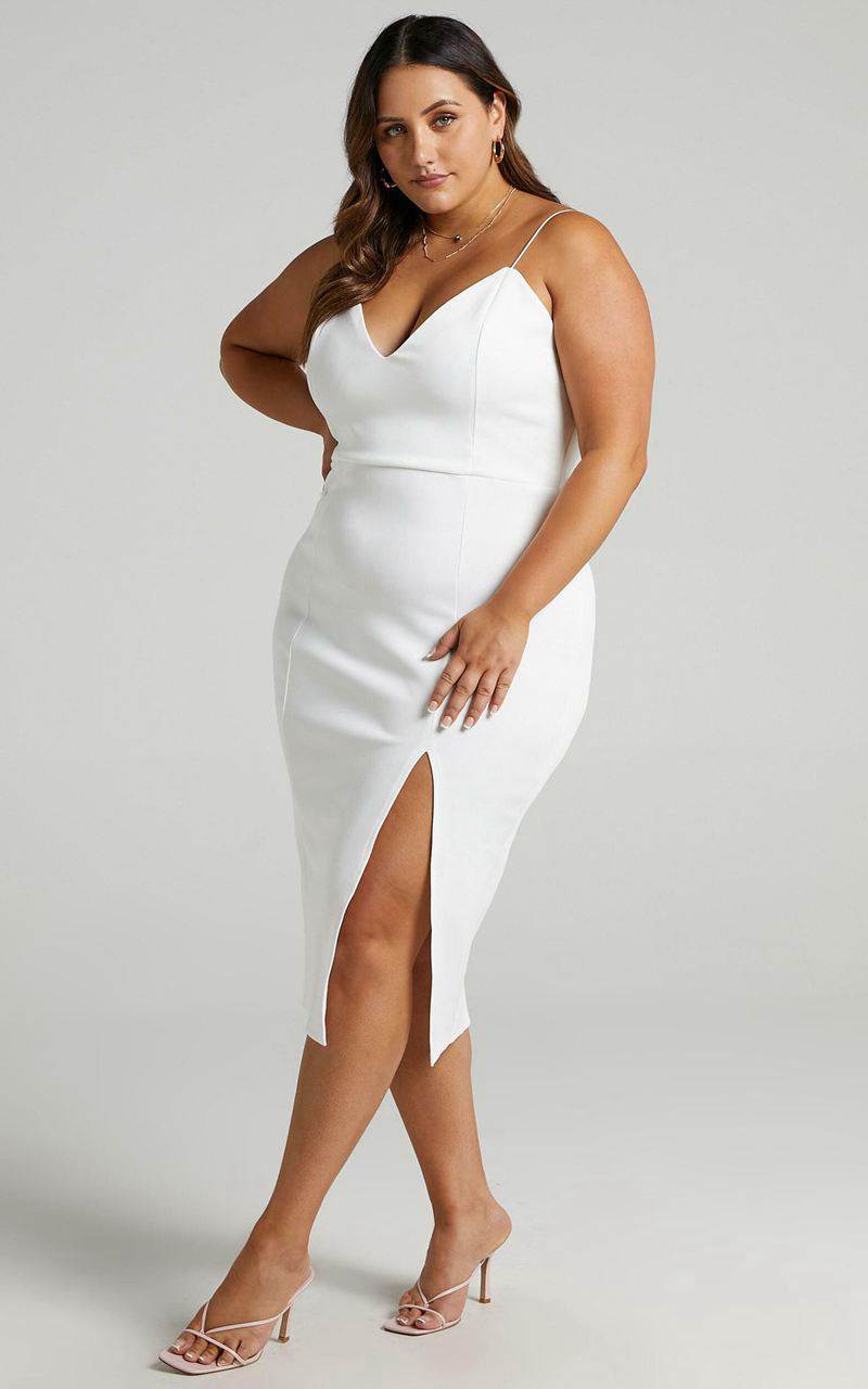 Showpo Big Ideas Midi Dress - V Neck Thigh Split Dress White | YEVTJF873