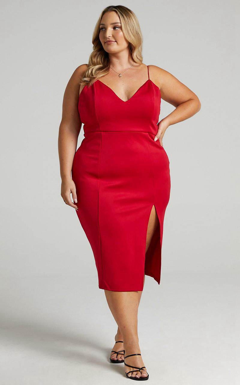 Showpo Big Ideas Midi Dress - V Neck Thigh Split Dress Red | ZJYVGF697