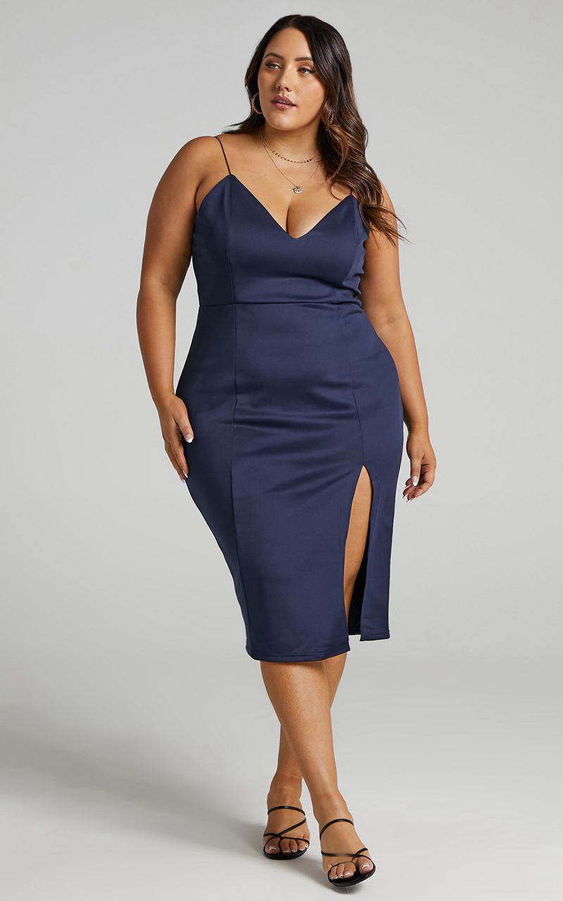 Showpo Big Ideas Midi Dress - V Neck Thigh Split Dress Navy | DBFPYG165