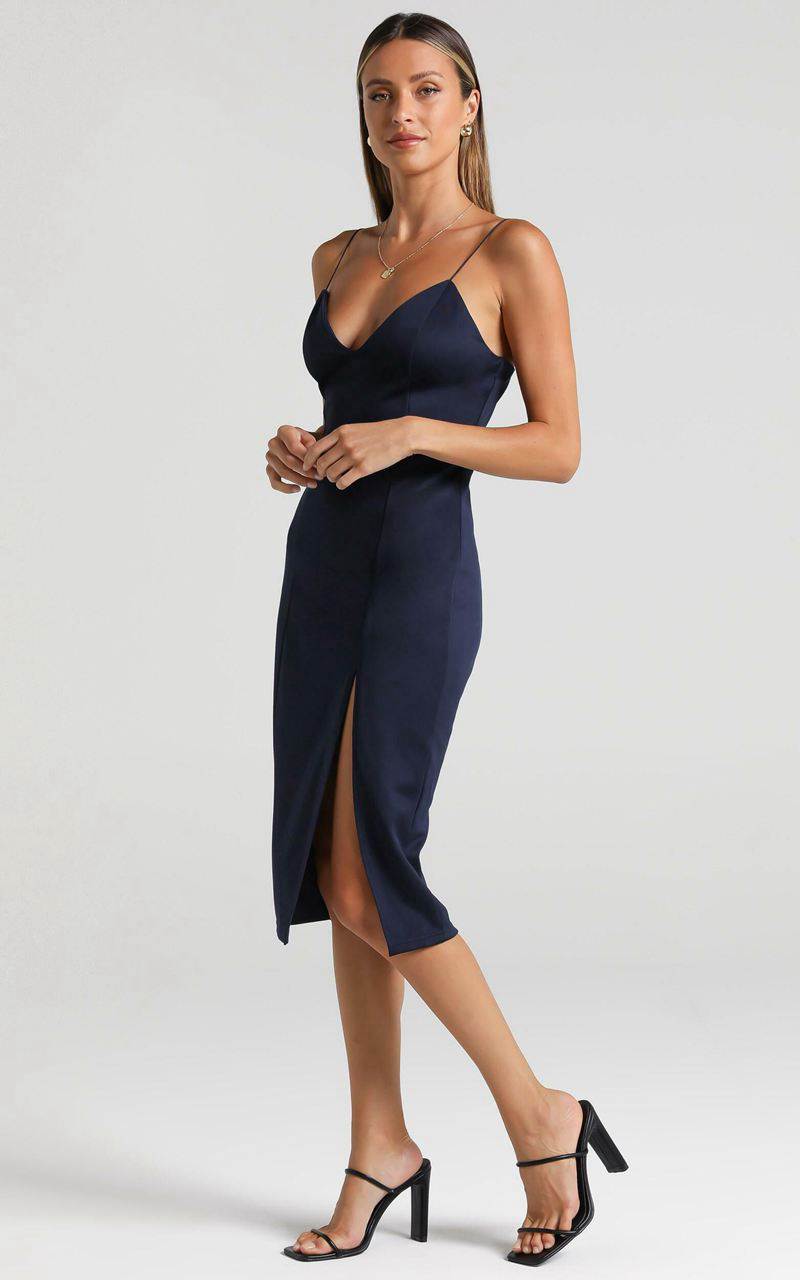 Showpo Big Ideas Midi Dress - V Neck Thigh Split Dress Navy | DBFPYG165