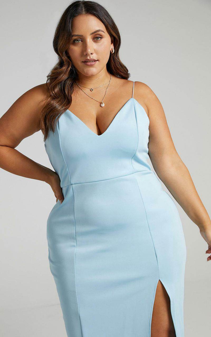 Showpo Big Ideas Midi Dress - V Neck Thigh Split Dress Light Blue | AJPZTF256