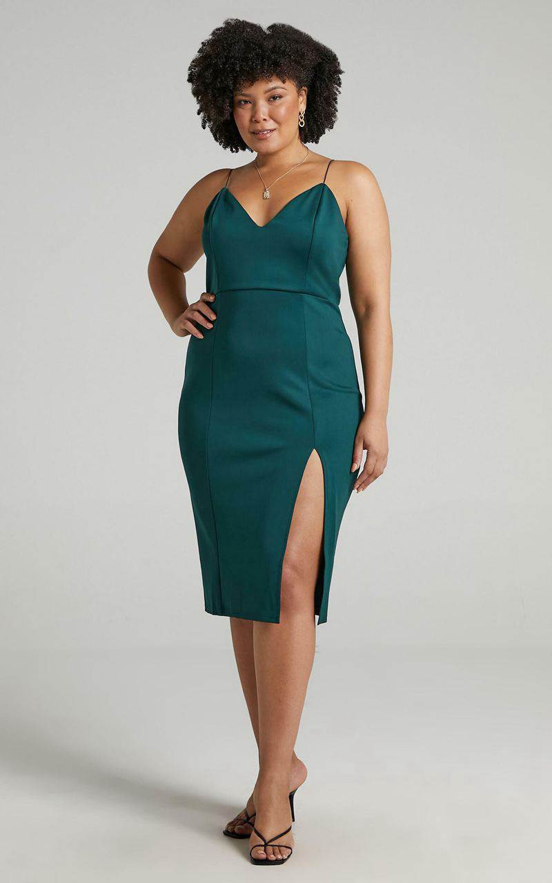 Showpo Big Ideas Midi Dress - V Neck Thigh Split Dress Emerald | RXZEAN926