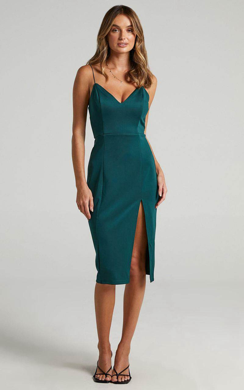 Showpo Big Ideas Midi Dress - V Neck Thigh Split Dress Emerald | RXZEAN926