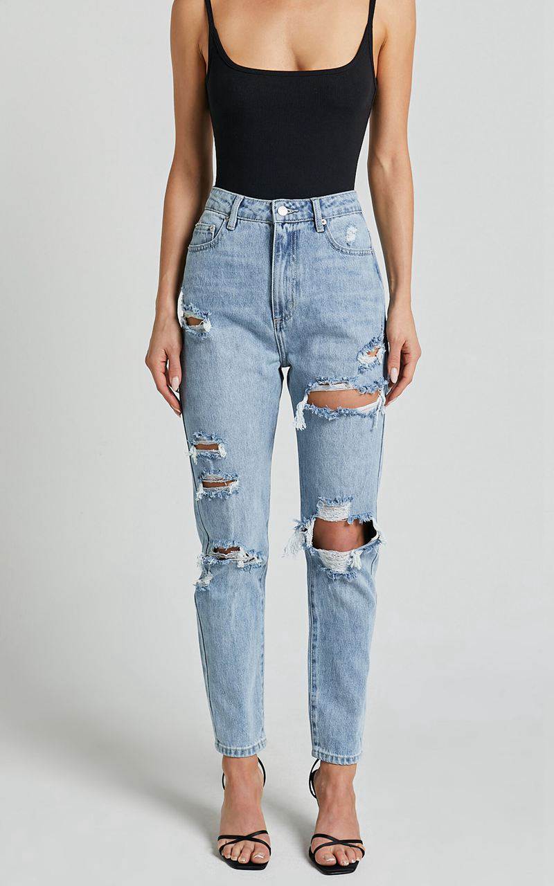 Showpo Billie Jeans - High Waisted Cotton Distressed Mom Denim Jeans Mid Blue Wash | PZMIJF349