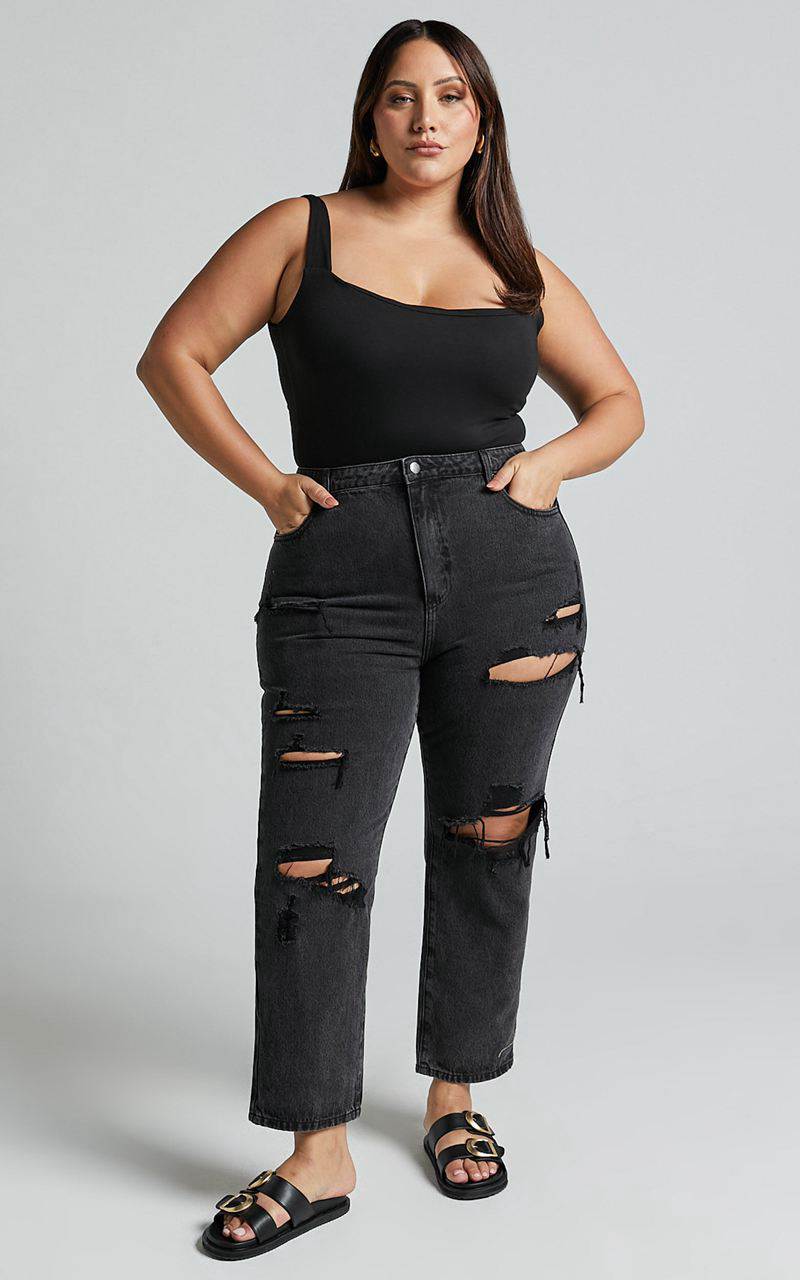 Showpo Billie Jeans - High Waisted Cotton Distressed Mom Denim Jeans Black Wash | GXHIPJ245