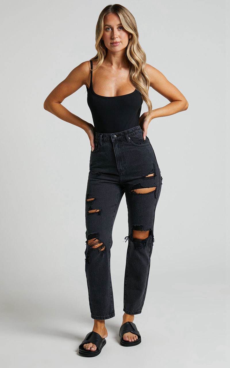 Showpo Billie Jeans - High Waisted Cotton Distressed Mom Denim Jeans Black Wash | GXHIPJ245