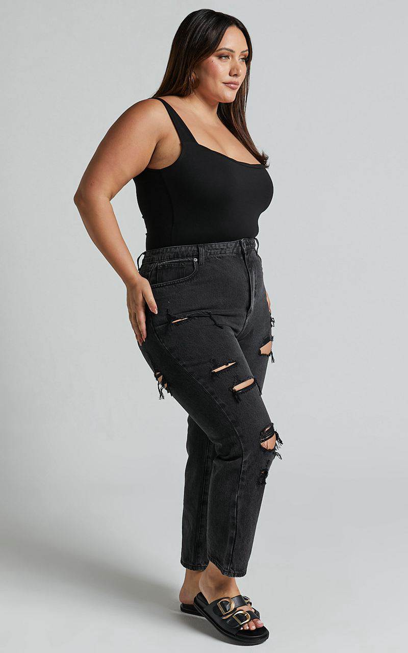 Showpo Billie Jeans - High Waisted Cotton Distressed Mom Denim Jeans Black Wash | GXHIPJ245