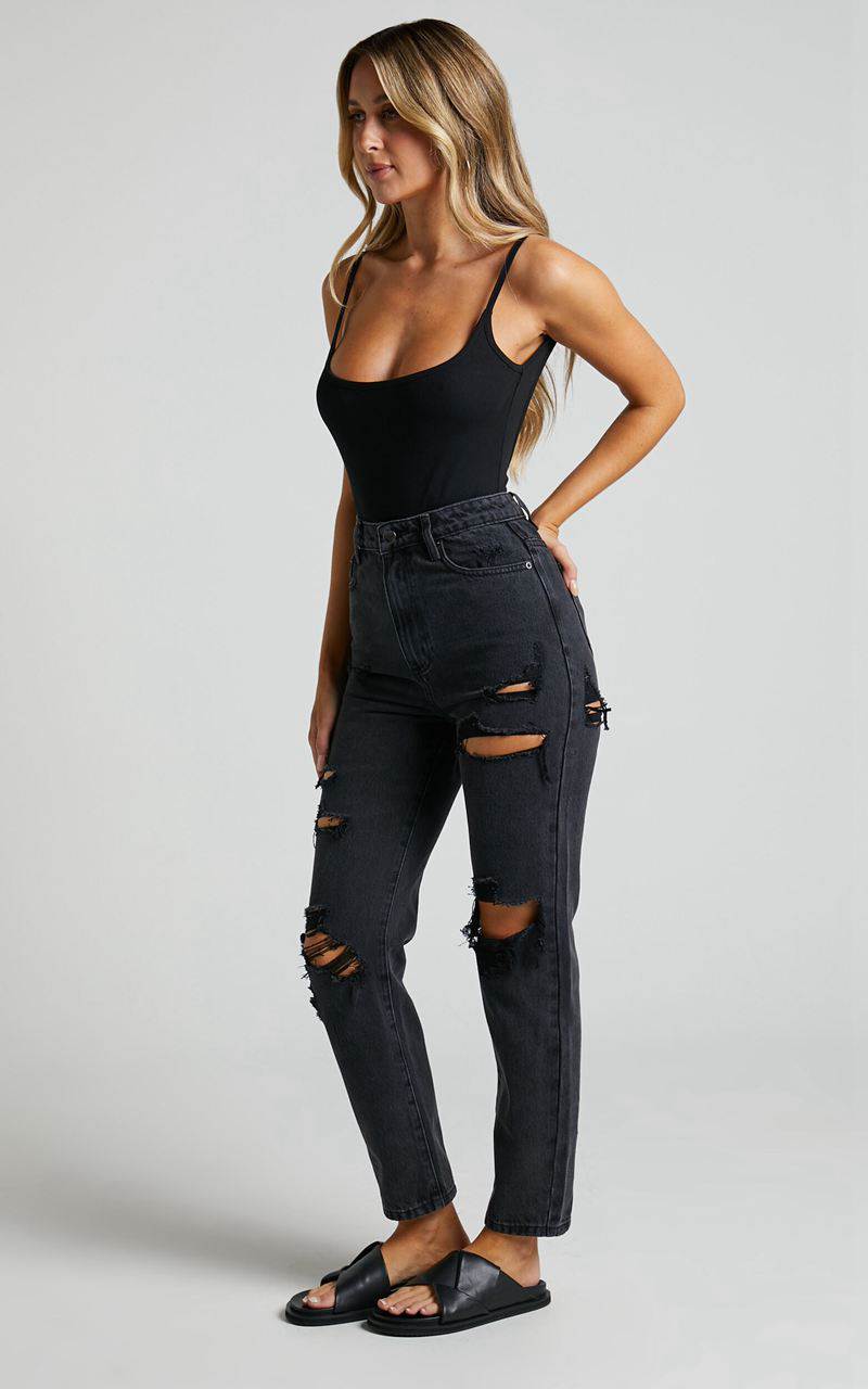 Showpo Billie Jeans - High Waisted Cotton Distressed Mom Denim Jeans Black Wash | GXHIPJ245