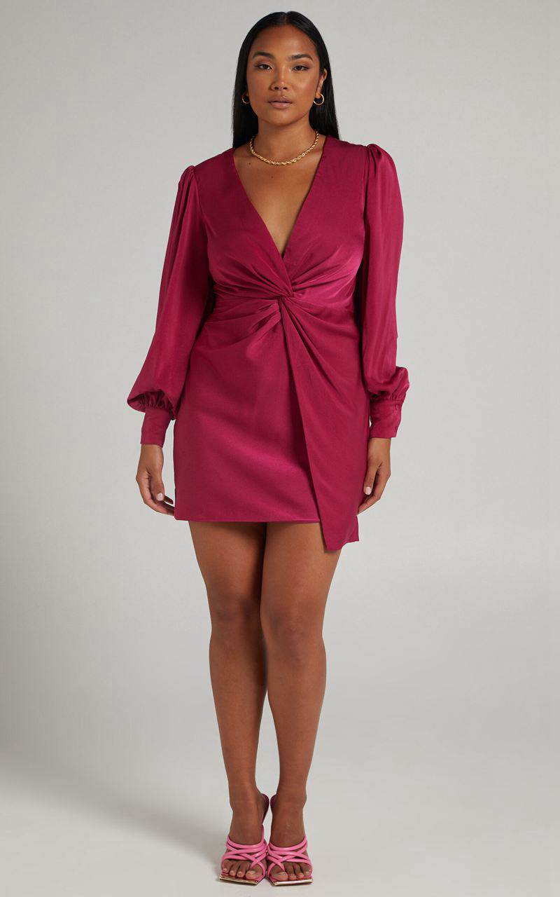 Showpo Billie Mini Dress - Twist Front Long Puff Sleeves Dress Mulberry | QMAJWE378