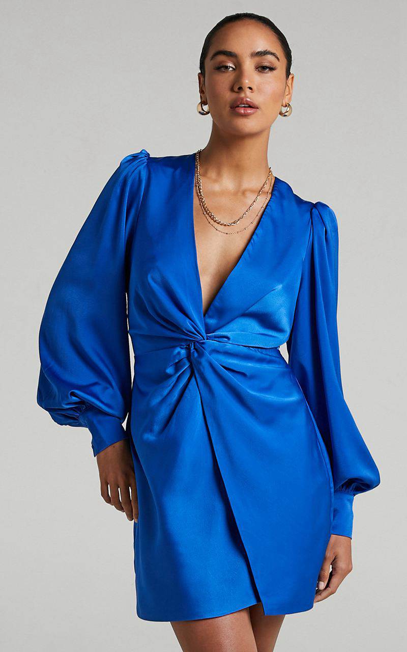 Showpo Billie Mini Dress - Twist Front Long Puff Sleeves Dress Cobalt | GJYEST372