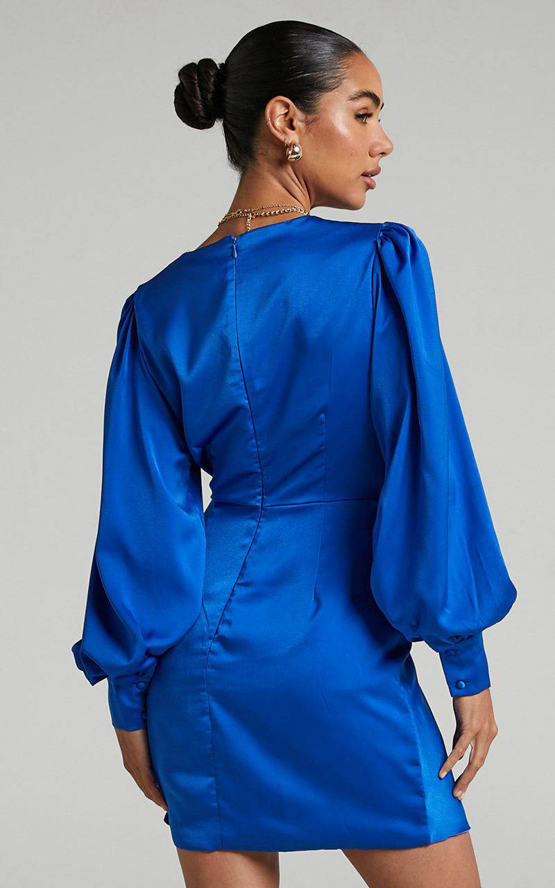 Showpo Billie Mini Dress - Twist Front Long Puff Sleeves Dress Cobalt | GJYEST372