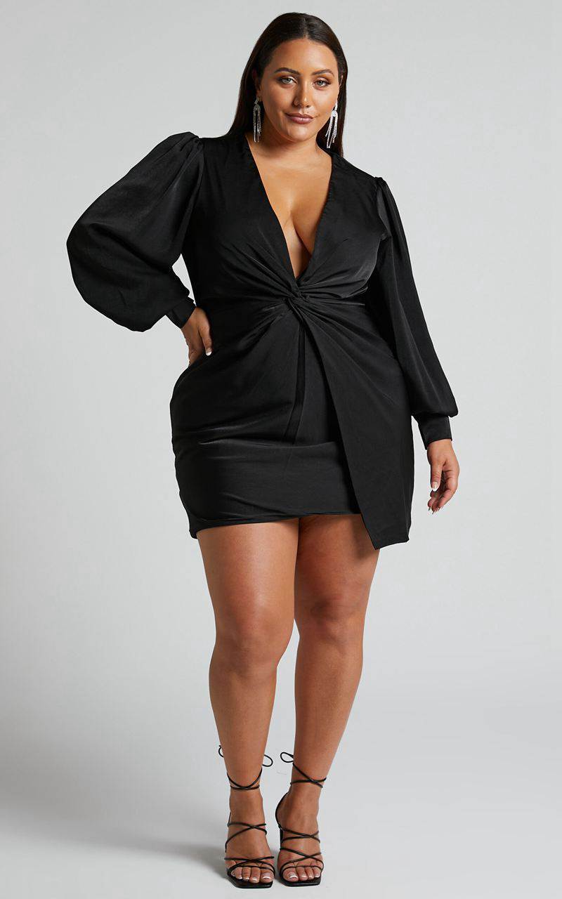 Showpo Billie Mini Dress - Twist Front Long Puff Sleeves Dress Black | FGOWXE487