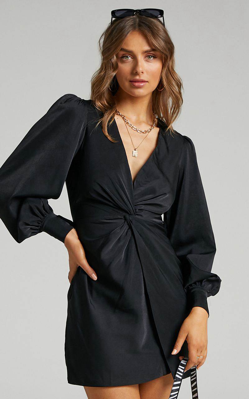 Showpo Billie Mini Dress - Twist Front Long Puff Sleeves Dress Black | FGOWXE487