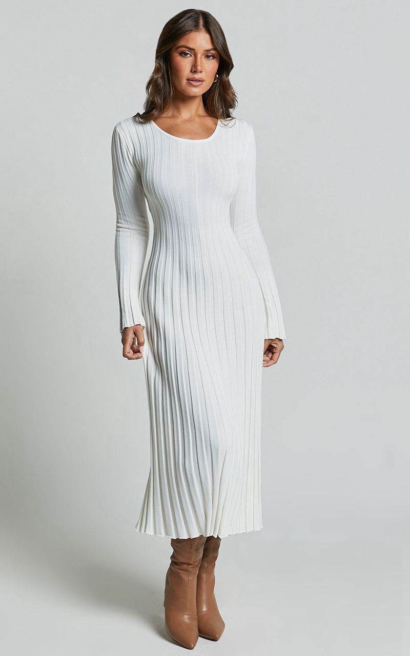 Showpo Blaire Midi Dress - Long Sleeve Tie Back Flare Dress Ivory | WQHMLB531