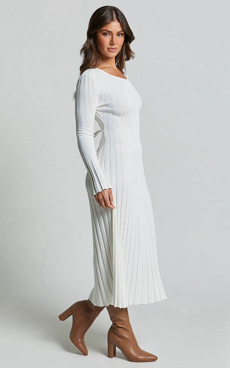 Showpo Blaire Midi Dress - Long Sleeve Tie Back Flare Dress Ivory | WQHMLB531